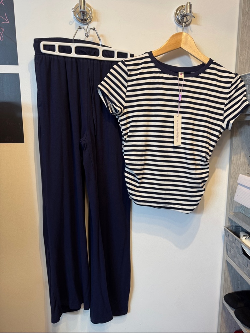 Striped Short-Sleeve Tee & Navy Wide-Leg Pants Set